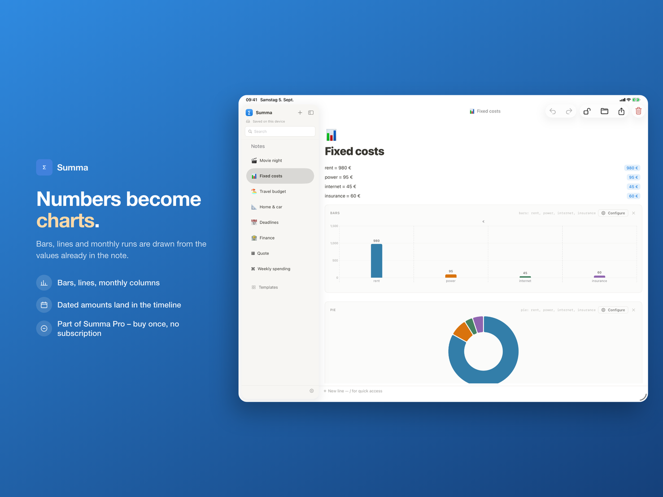Summa on iPad: bar and pie charts built from the values in the note.