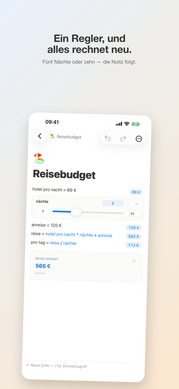 Summa auf dem iPhone: an einem Regler ziehen, und die ganze Notiz rechnet nach.