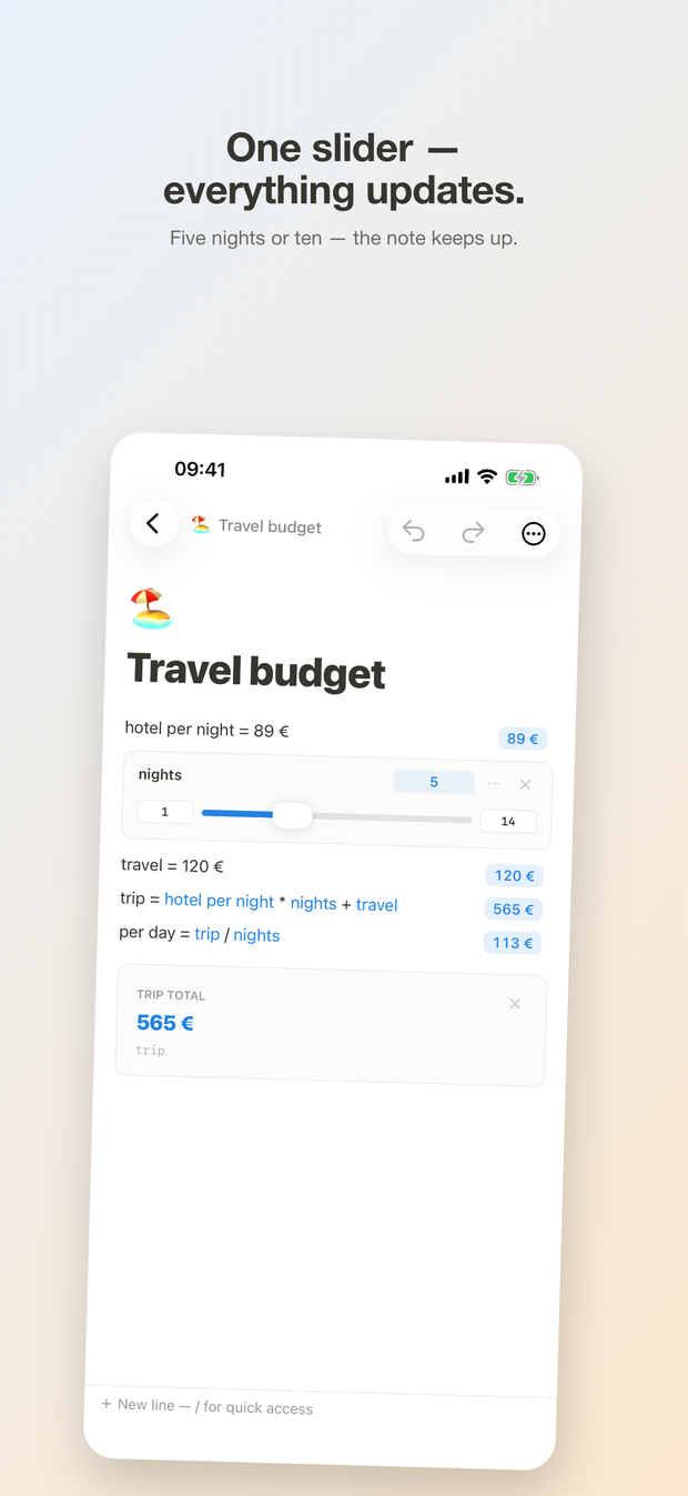 Summa on iPhone: drag a slider and the whole note recalculates.