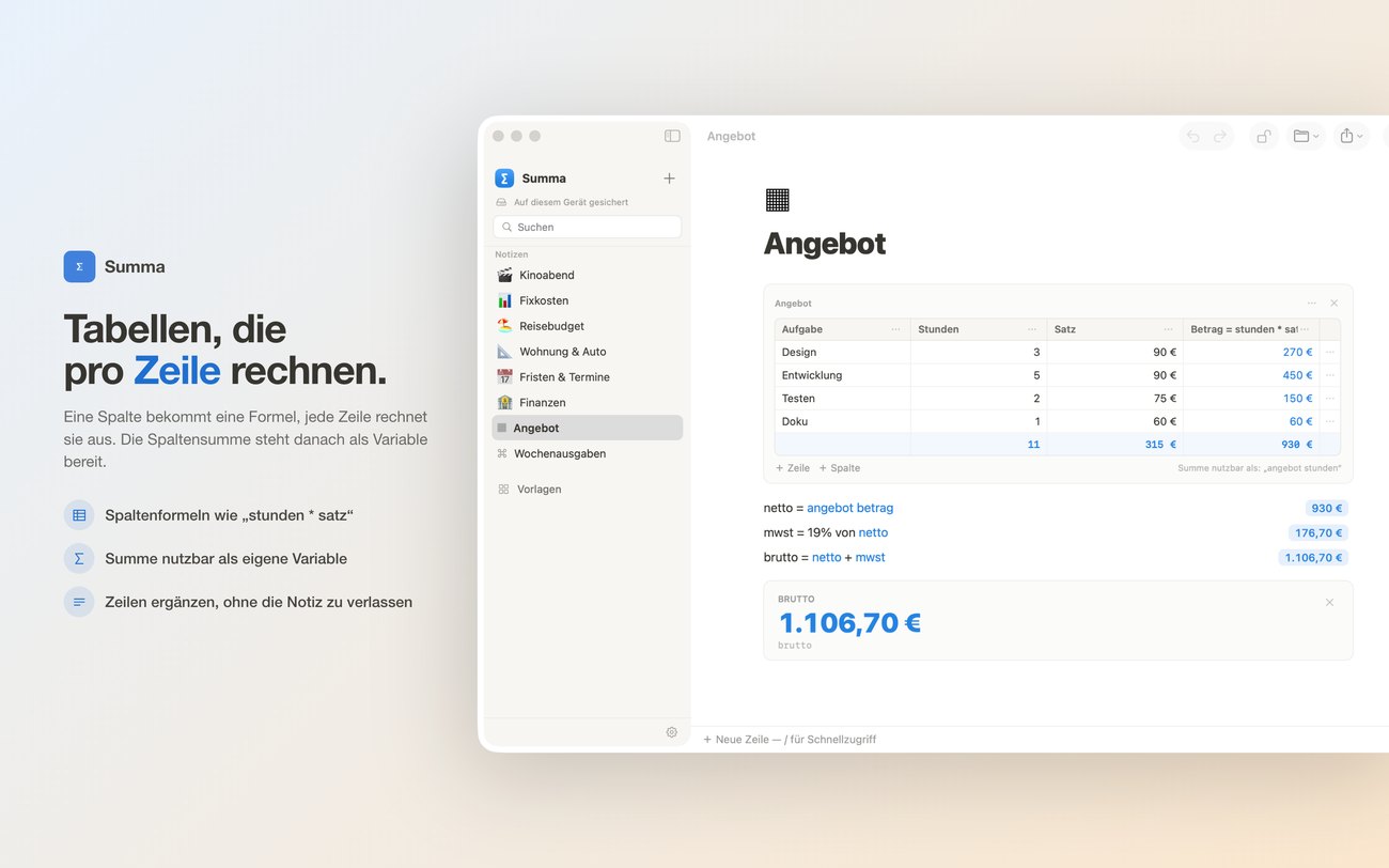 Summa auf dem Mac: eine Tabelle mit Spaltenformel, die Summe steht der Notiz als Variable zur Verfügung.