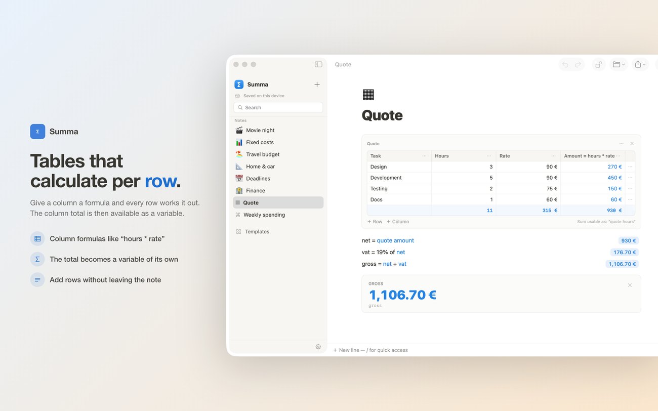 Summa on Mac: a table with a column formula, its total available to the note as a variable.